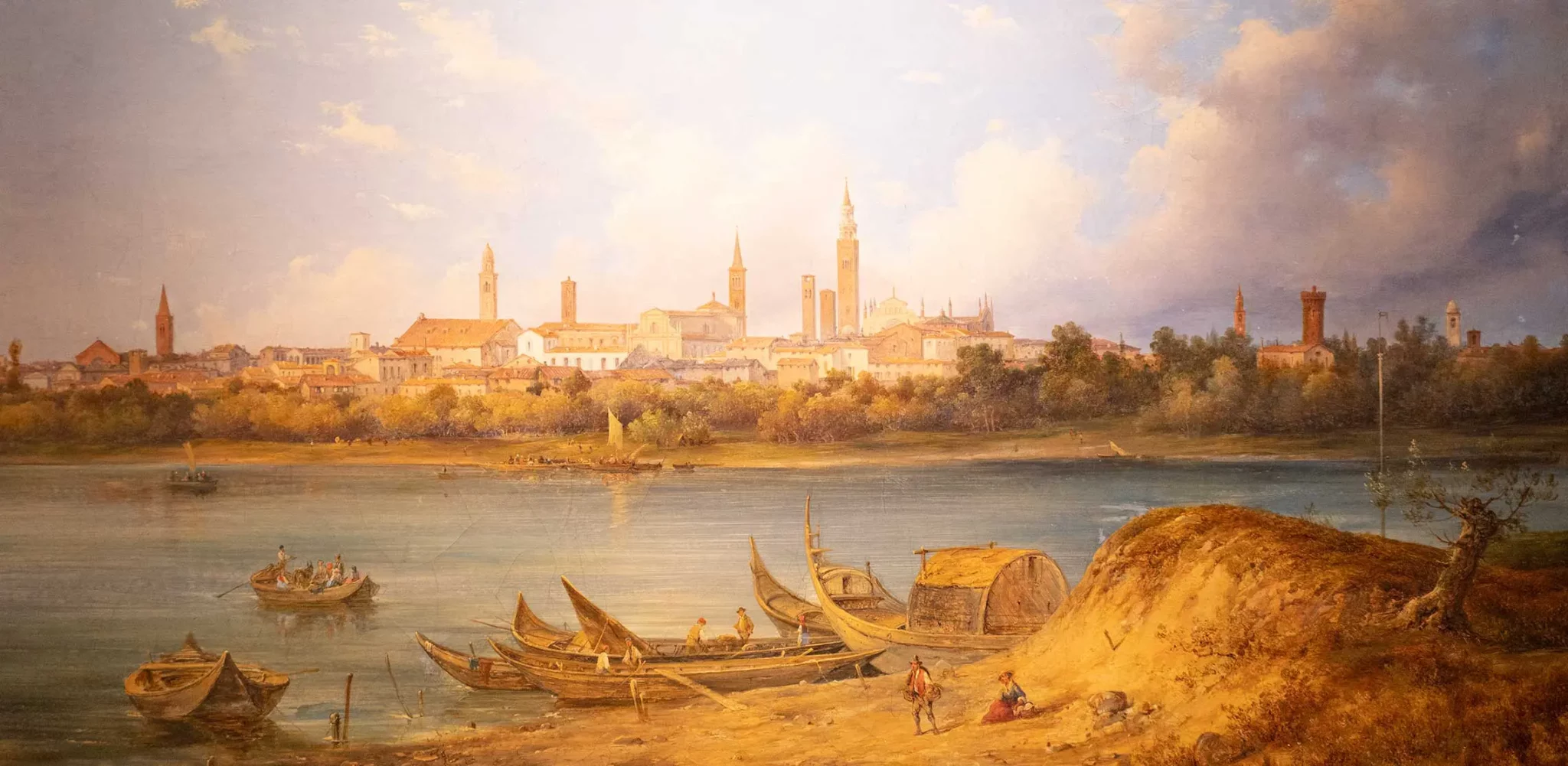 Gemälde mit dem Panorama der Stadt Cremona am Po in Italien.