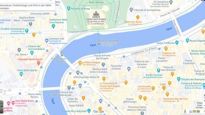 Screenshot Google Maps mit Tiber und Engelsburg.